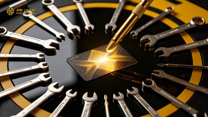 A precision tool rests on a glowing golden microchip at the center of a circular array of wrenches, symbolizing the careful engineering behind AI systems. The watermark "ARK | DFA" appears in the upper left corner, reinforcing the post's message about Arkie AI App providing AI Agents with the precise framework needed to build, refine, and scale intelligent systems.