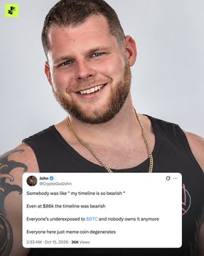 A smiling man with a beard and a black tank top, overlaid with a tweet from @CryptoGodJohn joking about people confusing $BTC with SITC, posting on October 15, 2020.