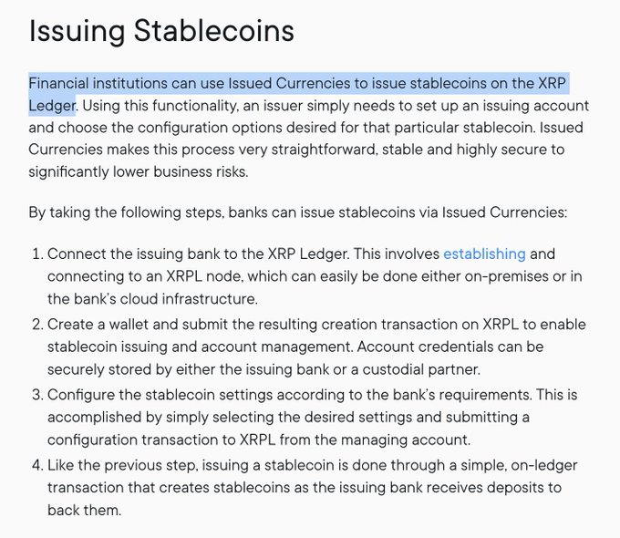 The image shows an instructional diagram titled "Issuing Stablecoins," which outlines a four-step process for financial institutions to issue stablecoins on the XRP Ledger (XRPL) using Issued Currencies—covering node connection, wallet creation, configuration, and issuing transactions.

The post highlights the growing trend of stablecoins like RLUSD ($1B+ on XRPL) being adopted by nations and major institutions, directly referencing the process detailed in the image as the foundational mechanism enabling this institutional and national-level stablecoin issuance on the XRP Ledger.