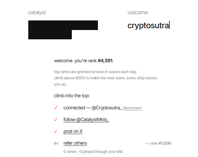A dashboard showing a rank #4,591 for 'cryptosutral' with a catalyst, listing tasks like connecting @Cryptosutra, following @CatalystMkts, and posting on X.