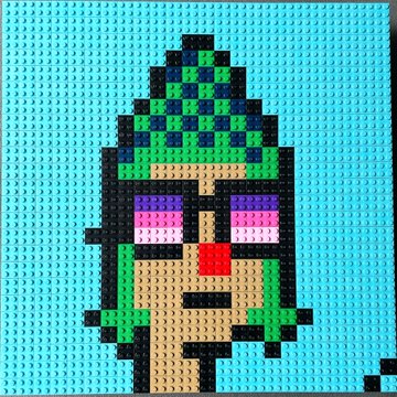 A pixel art close-up of a face wearing a green patterned hat and sunglasses with pink and blue reflections, set against a bright blue background.