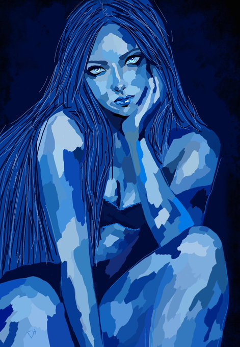 A stylized digital painting of a woman rendered entirely in shades of blue, with long flowing hair, striking blue eyes, and her hand resting against her face in a contemplative pose.