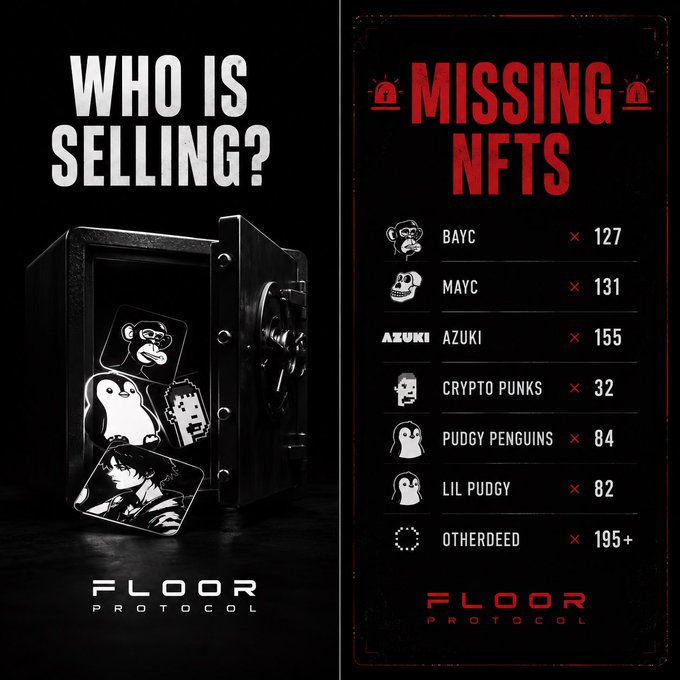 The image shows a black background with white text, which reads "Who is selling? Selling NFTs?". Below this title, there are descriptions of various NFT collections that have been affected by the flooding of floor protocol vaults. The first collection listed is called " CloneX", followed by "DeGods" and "Milady". The third collection is named "Pudgy Penguins", while the fourth one is called "Lil Pudgys". Finally, the fifth collection is labeled as "WoW".