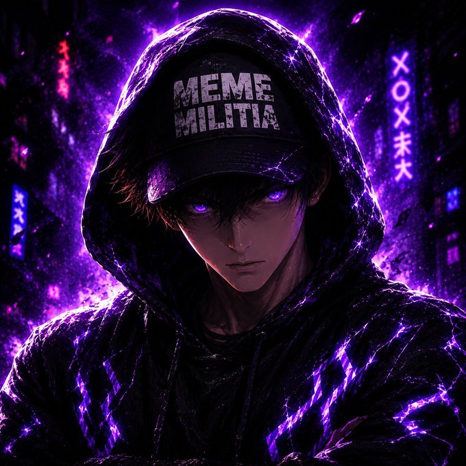 A dark anime-style character wearing a 'MEME MILITIA' cap and hood, with glowing purple eyes and a purple aura against a neon cityscape background.
