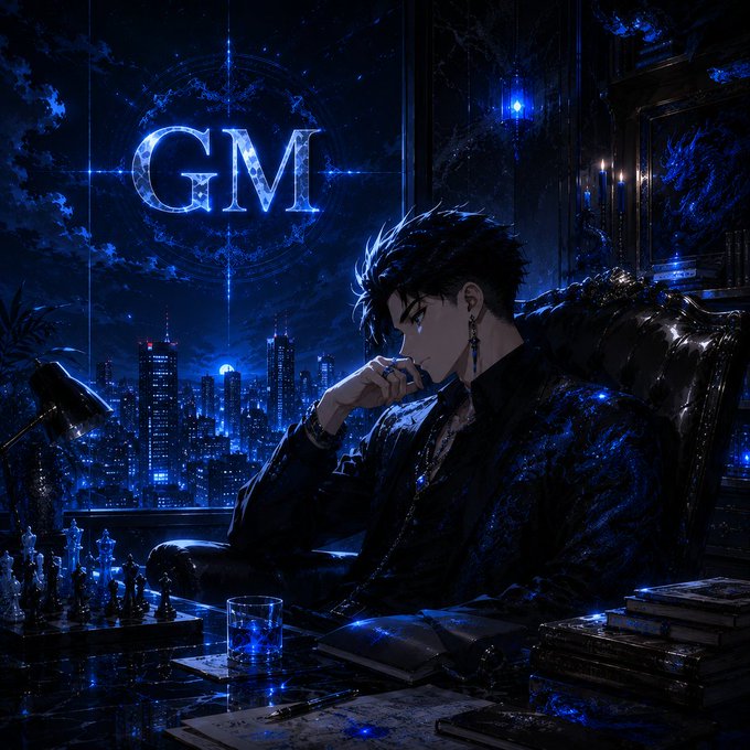 An anime-style illustration of a dark-haired man in an ornate blue suit sitting thoughtfully in a gothic chair, with a glowing 'GM' logo in a celestial circle above a nighttime cityscape.