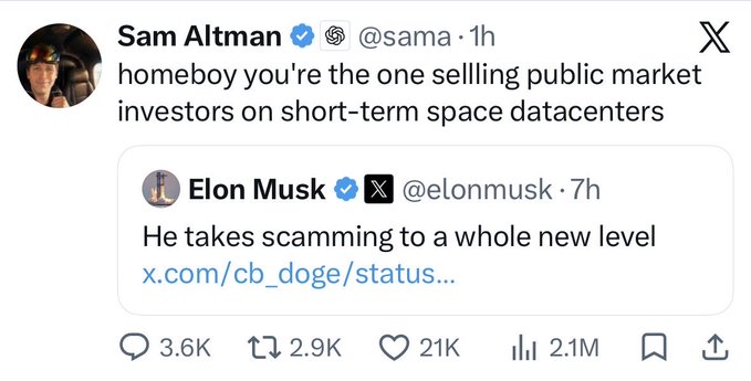 A tweet exchange where Elon Musk calls out someone for "scamming" at a "whole new level," prompting Sam Altman to reply that Musk is "the one selling public market investors on short-term space datacenters," with 21K likes and 2.1M views. The image relates to the AI-to-Bitcoin pivot advice by showing high-profile tech leaders (Altman and Musk) clashing over AI infrastructure hype and questionable narratives—highlighting why AI-focused ventures may be overpromising compared to Bitcoin's straightforward value proposition.