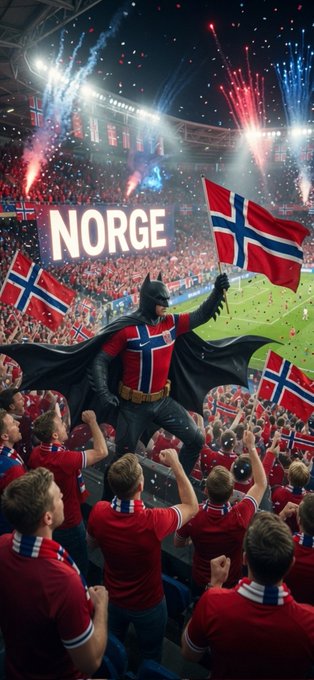 A digital illustration shows Batman wearing a Norwegian flag costume, holding a Norwegian flag in a stadium with 'NORGE' displayed and fans wearing red.