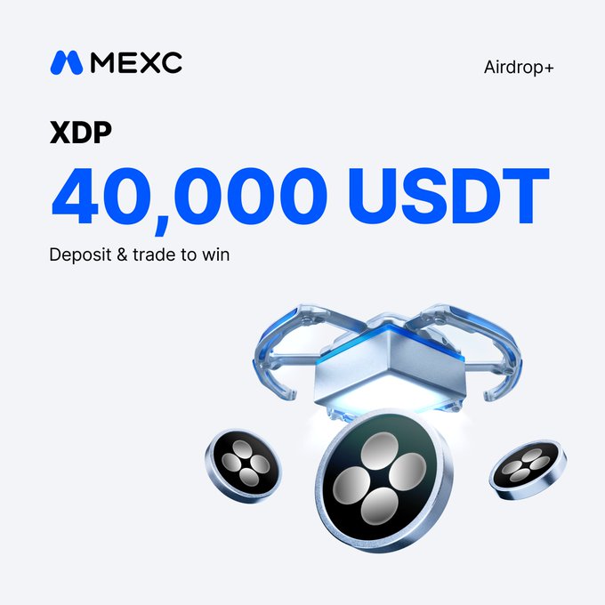 A promotional graphic for MEXC's Airdrop+ campaign featuring the XDP token listing, highlighting a prize pool of 40,000 USDT for users who deposit and trade. The image showcases the MEXC branding alongside a futuristic metallic drone-like illustration, inviting participants to join the event via the provided link.