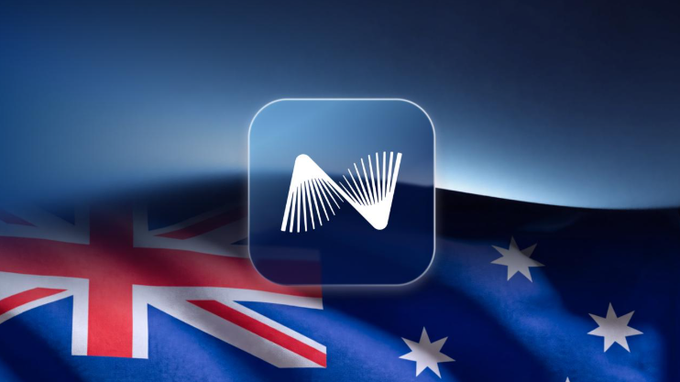 A graphic featuring a stylized fan or shell icon centered over the Australian flag with a dark blue lighting effect.