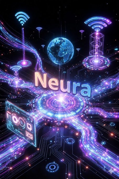 A neon, cyberpunk-style digital artwork featuring the word 'Neura' surrounded by Wi-Fi symbols, a glowing globe, and circuit-like streams of light.