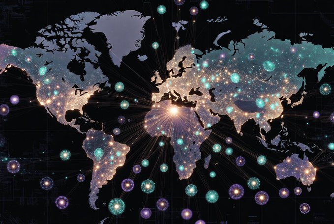 A stylized dark world map illuminated with glowing network nodes and connections, representing global connectivity.