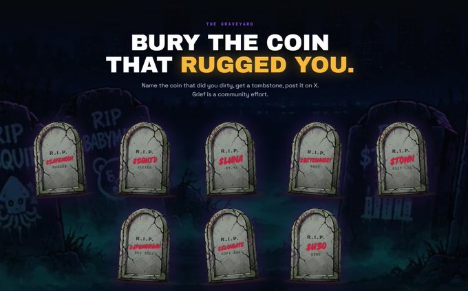 A graveyard-themed promotional graphic with the headline "BURY THE COIN THAT RUGGED YOU" featuring tombstones labeled with cryptocurrency names like $BABYMON, $SATOS, $LIANA, $BITCOINMIX, $TONY, $ZIPPOMAXI, $SARMATA, and $HBO.