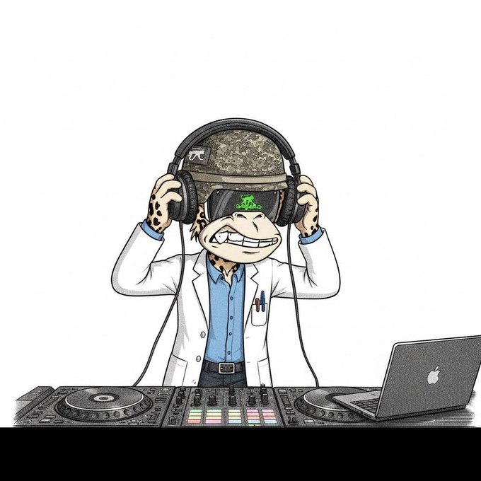A cartoon-style illustration of a cheetah wearing sunglasses, a hat, a lab coat, and headphones, appearing to DJ with a Pioneer mixer and a Mac laptop.