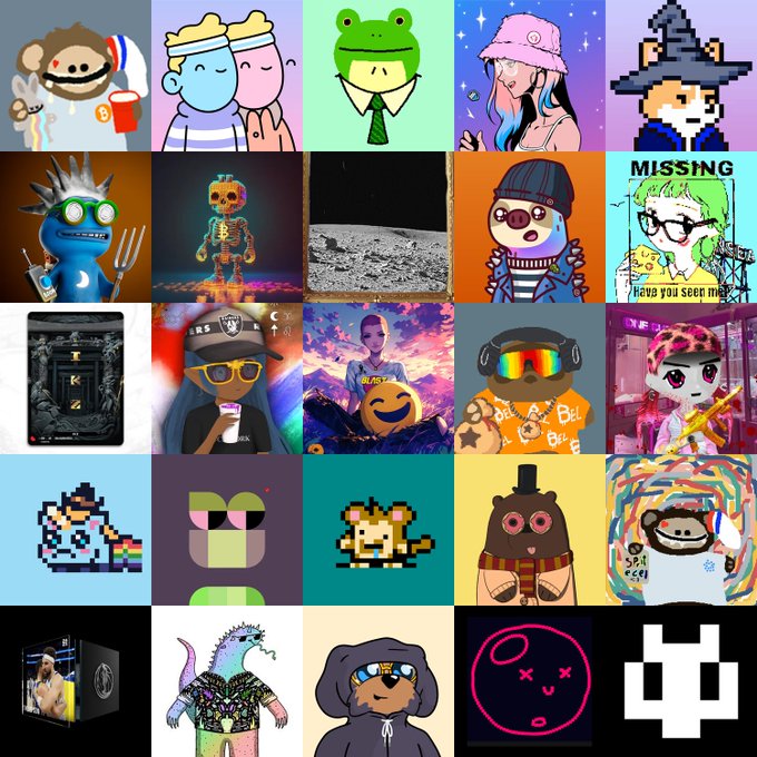 A 5x5 grid collage displaying 25 diverse pieces of digital artwork—including pixel art characters, NFTs, a skeleton astronaut, an anime-style figure, a "MISSING" poster, and a moon surface—visually representing the artist's collection spanning 25 different blockchains.
