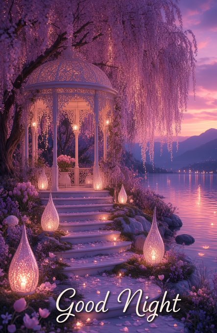 Digital artwork of a white ornate gazebo beside a lake at sunset, surrounded by weeping cherry blossoms and glowing lanterns, with 'Good Night' written in script.