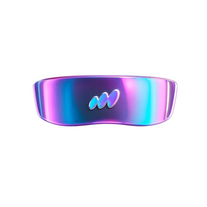 A 3D rendered iridescent purple and blue band/ashtag with a small 'm' logo in the center, displayed against a white background.