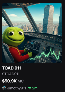 A digital trading card shows a Pepe-style green frog pilot wearing a red sweater and headset inside a cockpit overlooking a city skyline, labeled "TOAD 911" with the ticker "$TOAD911" and a market cap of "$50.9K MC," credited to creator "Jimothy911" within 2 minutes of launch—visually tying the memecoin's name and pilot mascot to the post's reference of "toad911 by jimothy911."