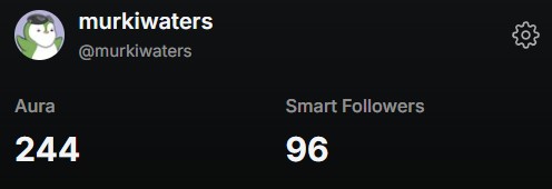 A dark-themed social media profile screenshot for the user 'murkiwaters' (@murkiwaters), displaying an Aura score of 244 and 96 Smart Followers.