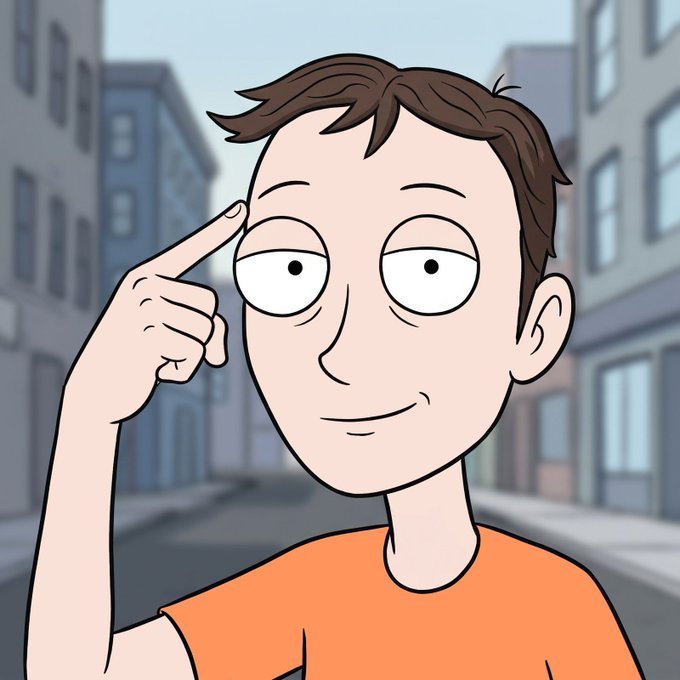 A cartoon illustration of a man in an orange shirt pointing to his temple with a thoughtful expression against a city street background.