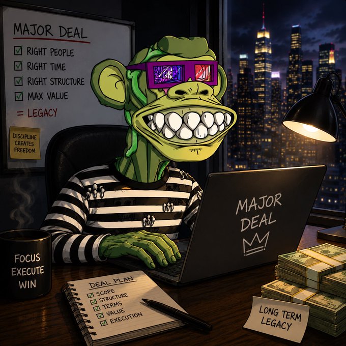 Illustration of a cartoon ape wearing 3D glasses and a black-and-white striped shirt, working on a laptop labeled 'MAJOR DEAL' at a desk with a 'Focus Execute Win' coffee mug, a 'Deal Plan' checklist, and stacks of cash labeled 'Long Term Legacy,' with a city skyline at night in the background.