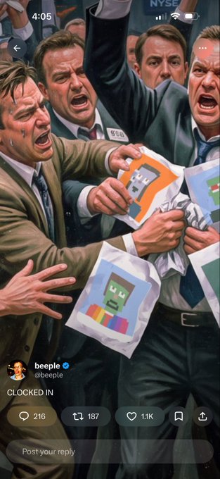 A Beeple tweet showing an illustration of angry Wall Street-style men in suits fighting over pixelated crypto NFT images, with the caption 'CLOCKED IN'.