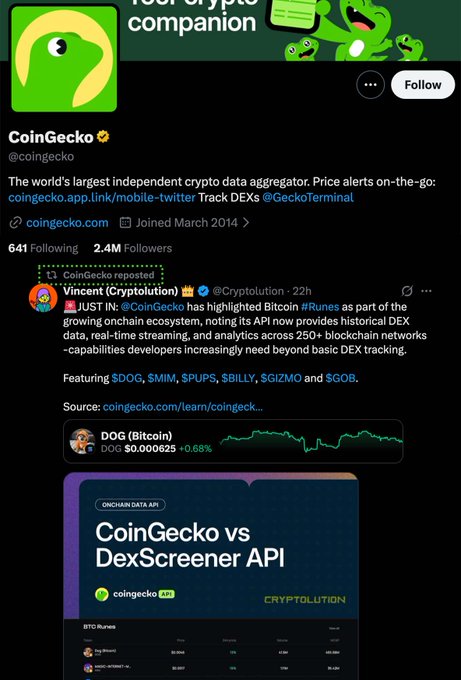 A screenshot of CoinGecko's Twitter profile (@coingecko) highlighting their new historical DEX data API, featuring cryptocurrencies like $DOG, $MIM, $PUPS, $BILLY, $GIZMO, and $GOB.