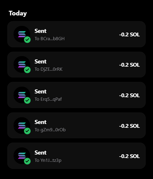 A dark-themed transaction history screen displays five "Sent" transfers under the "Today" heading, each for -0.2 SOL to various truncated wallet addresses (BCra...b8GH, DJZE...0rRK, Erq5...qPaf, gZm9...0rOb, Yn1J...tz3p), which corroborates the post's claim of distributing 0.2 SOL to early wallets.