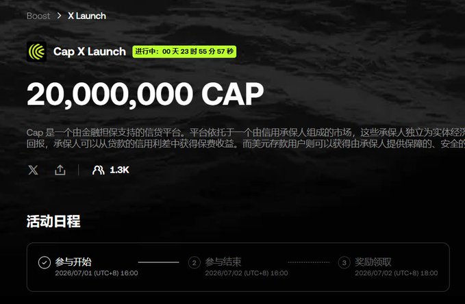 A promotional page for a 'Boost > X Launch' event called 'Cap X Launch' with 20,000,000 CAP tokens, showing Chinese text, a countdown timer, and event timeline dated July 1-2, 2026.