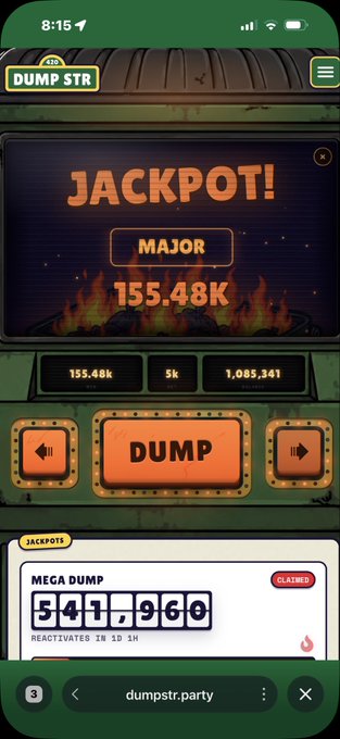 A mobile screenshot of a game or app called 'DUMP STR' shows a 'JACKPOT! MAJOR 155.48K' notification, with a 'DUMP' button and a 'MEGA DUMP' jackpot counter reading '541,960'.
