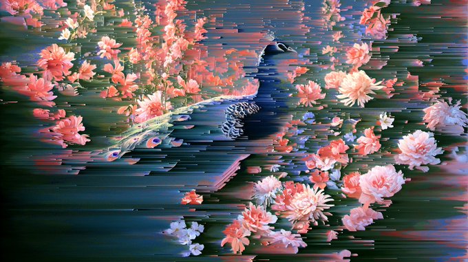 A glitched/distorted digital image of a peacock surrounded by pink cherry blossoms on water.