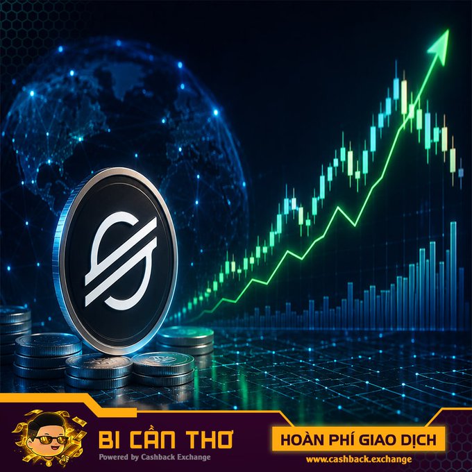 The image features a coin with a logo and the text "Bi Can Tho" written below it, indicating that it is the Binance Coin. There are several coins displayed near the "XLM Vẫn Tăng" quote on the post, including a gold, silver, and copper coin. The image also includes a line graph with a green upward-sloping arrow, representing the growth of Bitcoin. The background is dark blue, contributing to an overall artistic and visually engaging presentation.