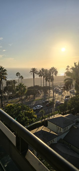 A stunning sunset view from a balcony overlooking a palm tree-lined beach and coastal road in LA, capturing the golden California glow referenced in the post's claim that it's the "best place on earth." The elevated perspective of the oceanfront scene perfectly complements the celebratory invitation to enjoy In-N-Out burgers in this iconic Southern California setting.