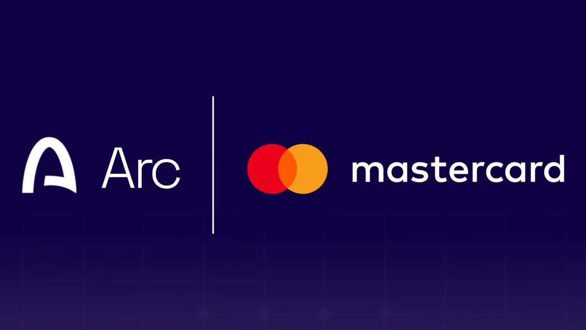 A dark blue graphic displaying the logos for 'Arc' and 'Mastercard' separated by a vertical white line.