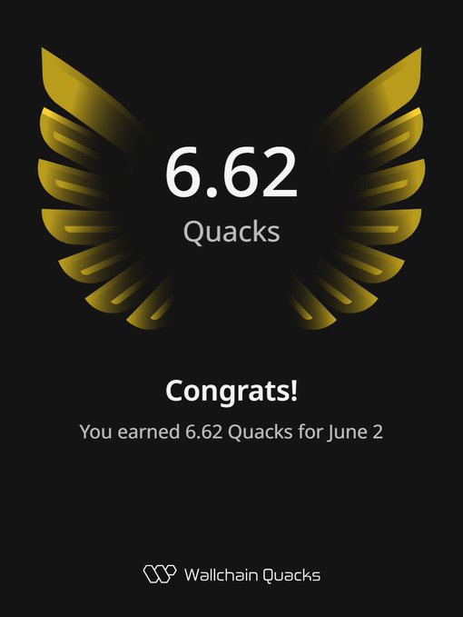 The image features a poster or card that displays an award, likely for Quacks, with gold wings and numbers. The text on the card congratulates the user on their achievements and mentions that they have earned 6.62 Quacks from @wallchainQuacks. This achievement is significant because it shows that the user has been actively participating in Wallchain Quacks, a platform where users can engage in various activities or competitions related to Quacks. The poster also includes an image of a bird's wing and the words "concludes" and "you earned", indicating that the user has completed their Quack-related tasks successfully.
