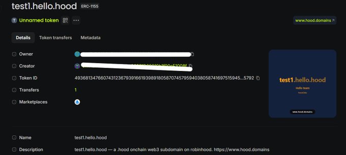 A screenshot of a webpage on hood.domains showing an ERC-1155 unnamed token with the name 'test1.hello.hood' and its details.