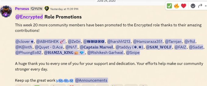 A Discord announcement from user 'Perseus' in the 'Encrypted' channel announcing 20 community role promotions, tagging members including @clover, @ABHISHEK, @Captain Marvel, and others.