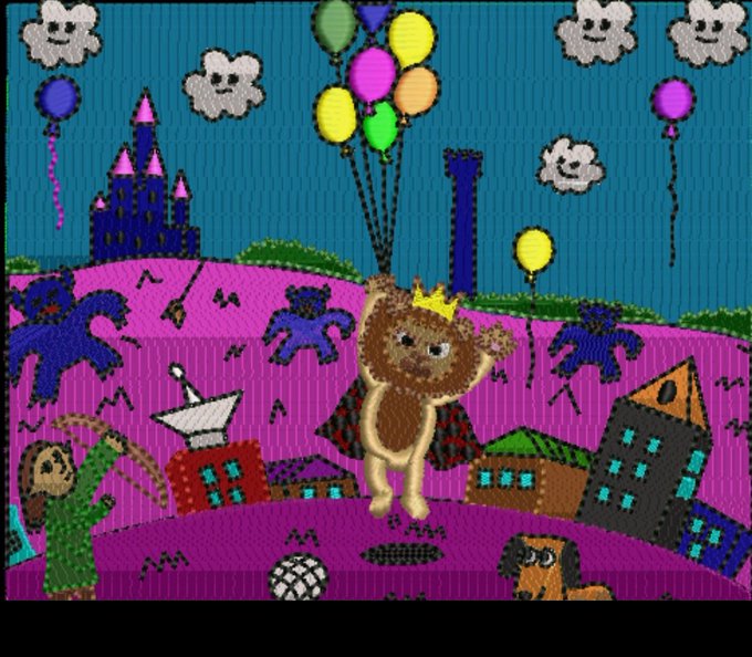 A colorful child's-style drawing featuring a teddy bear wearing a crown and cape floating with balloons, surrounded by blue castle silhouettes, smiling clouds, and buildings on a purple landscape.