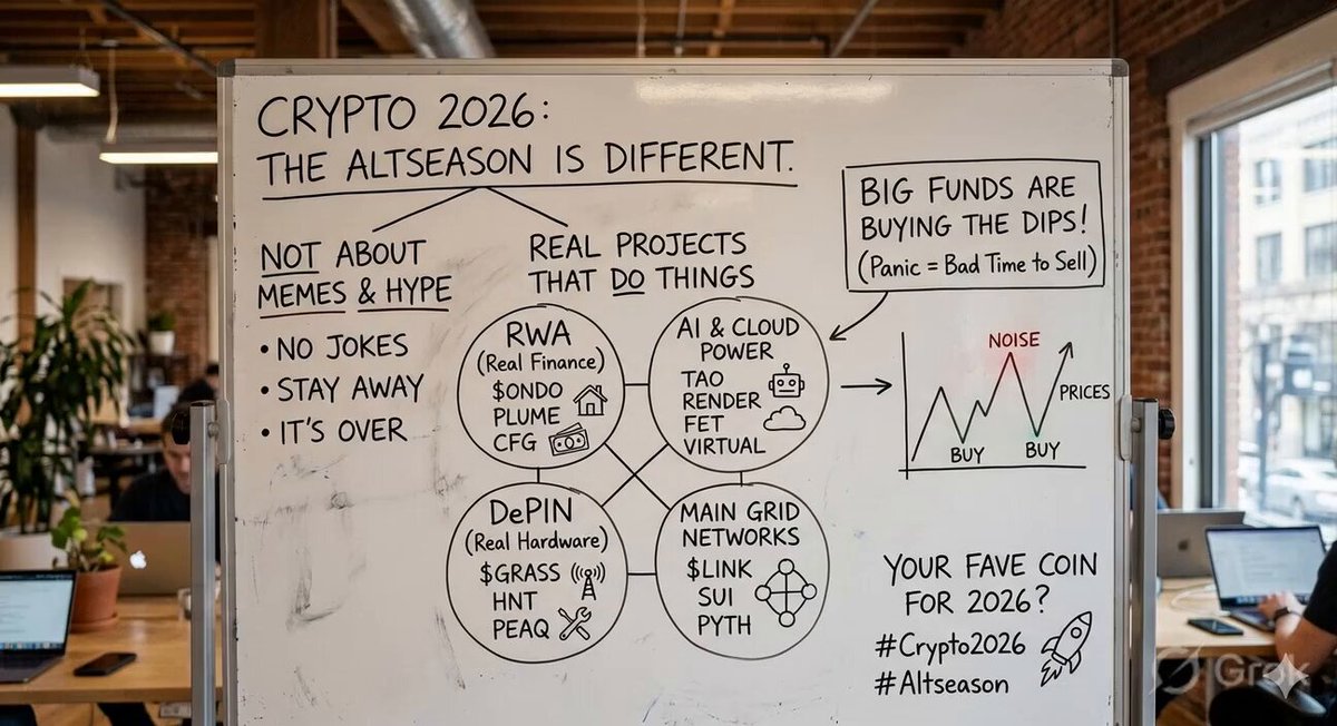The image shows a whiteboard with various drawings and text related to cryptocurrency projects. The main focus of the post is about real-life projects that actually do something, rather than meme coins and hype. The post mentions projects such as $ONDO (Artificial Intelligence), $PLUME (Platform for Localized E-Commerce), and $CFG (Central Finance Group). These projects aim to bring real-life finance onto the blockchain by utilizing AI and other advanced technologies.