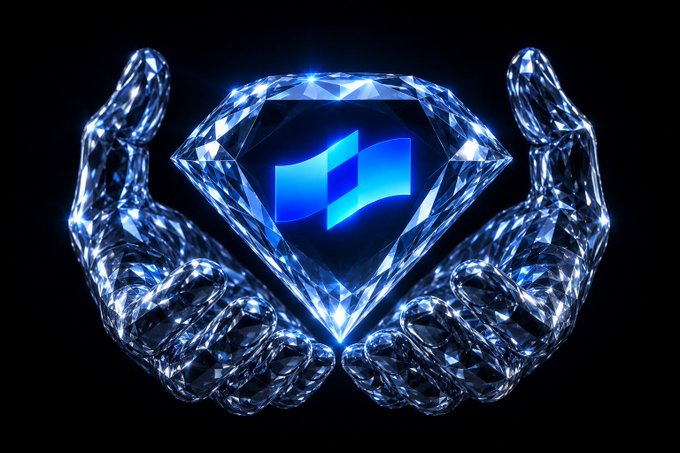 A digital artwork showing two translucent crystal hands cradling a large diamond that contains the glowing blue Windows logo on a black background.