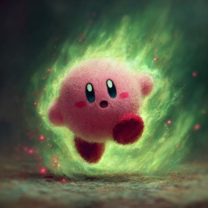A 3D render of the pink Nintendo character Kirby floating mid-air, surrounded by a swirling green aura and pink sparkles.