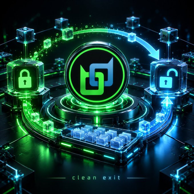 A futuristic digital illustration with a green and blue logo at the center, surrounded by glowing cubes with lock icons, circuit patterns, and the text 'clean exit' at the bottom.
