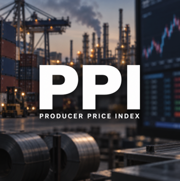 The image features bold white "PPI - Producer Price Index" text overlaid on an industrial port scene with shipping containers, cranes, and a financial trading chart in the background. This visual directly ties to the post's discussion of how today's PPI release serves as an early gauge of producer-level price pressures, complementing Friday's CPI reading ahead of the Fed's September 15–16 meeting.