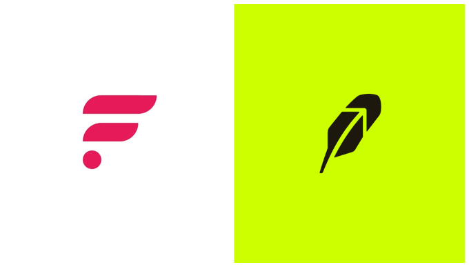 A green sign with a black bird logo stands prominently on the right side of an image, while a white sign displays "FLR" across the top left corner. Below these signs, there are details about Robinhood, which suggests that the focus of the image is on Robinhood and its relation to the crypto market.