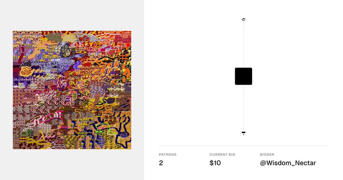 An NFT auction interface showing a colorful abstract textured artwork on the left, with 2 patrons, a current bid of $10, and bidder @Wisdom_Nectar, alongside a draggable bid slider.