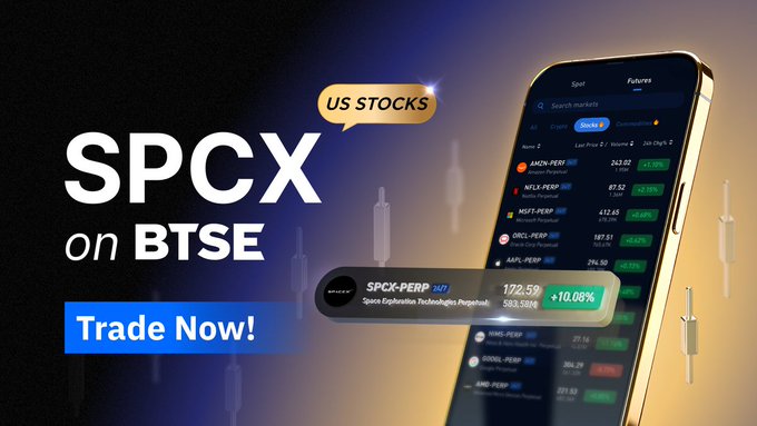 The image shows a smartphone with a trading app that displays several stock options, including SPCX - PERP. It also has an overlay of text promoting a US stocks trading app for SPCX and BTSE. The phrase "Space X just went public, you can trade $SPCX-PERP now on BTSE. 50x leverage, 24/7, 365." indicates that the user can invest in this particular stock through a trading app to potentially make money from it.