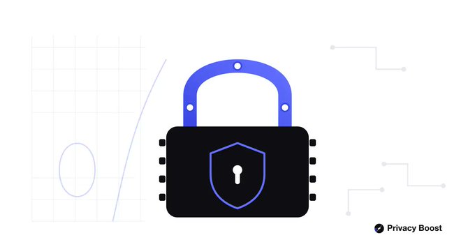A graphic shows a black padlock with a blue shackle and shield emblem, surrounded by light grid patterns and circuit-like lines, with a 'Privacy Boost' logo in the corner.