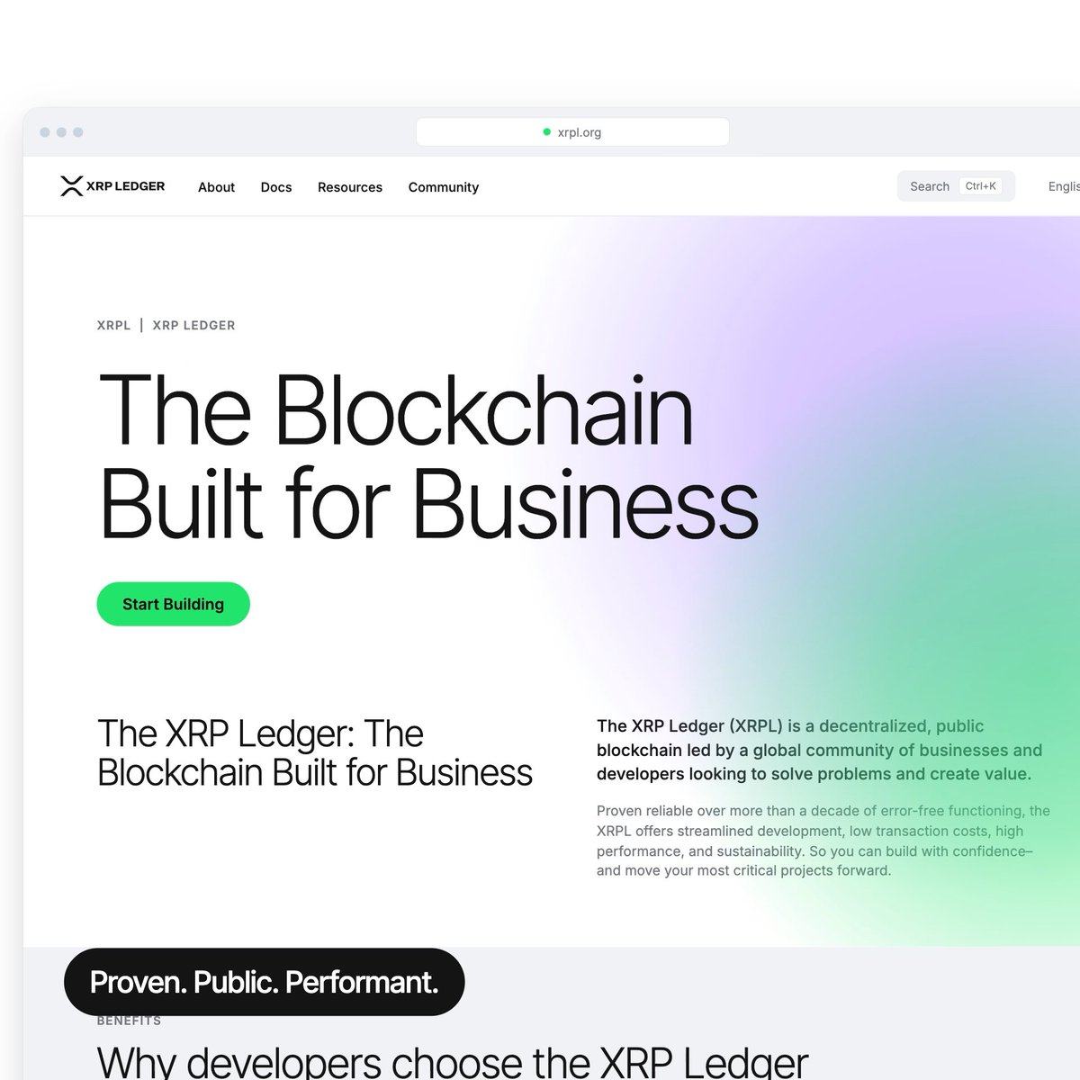 A screenshot of the xrpl.org website featuring the headline 'The Blockchain Built for Business' and a 'Start Building' button.
