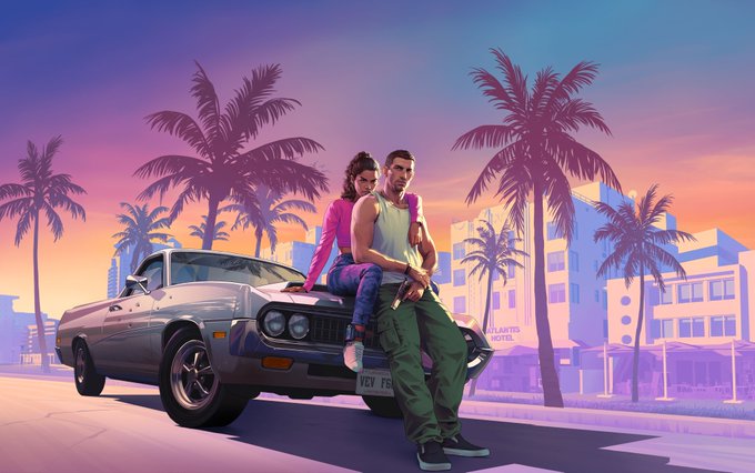 A stylized digital illustration depicts a couple leaning against a classic muscle car on a sunny street lined with palm trees, set against a purple and pink sunset sky reminiscent of GTA Vice City aesthetics.