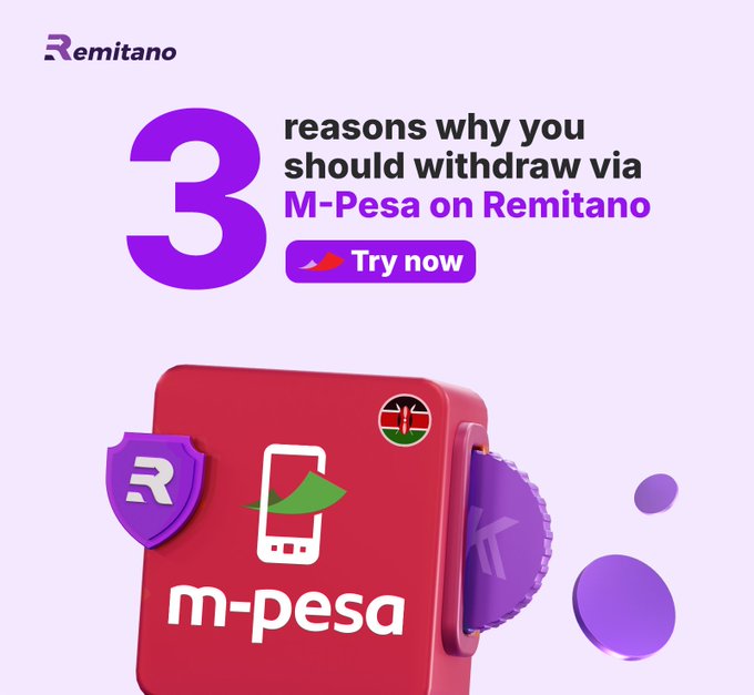 An advertisement for Remitano promoting M-Pesa withdrawals, featuring the text '3 reasons why you should withdraw via M-Pesa on Remitano' alongside a 'Try now' button and a red M-Pesa device.