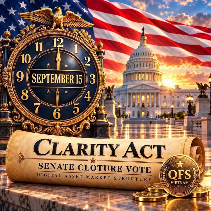 A digital illustration features an ornate clock displaying "September 15," a scroll reading "CLARITY ACT – Senate Cloture Vote – Digital Asset Market Structure," and a gold coin marked "QFS Vietnam," set against the U.S. Capitol building and an American flag—symbolizing the bipartisan Senate cloture vote on the Clarity Act scheduled for September 15.